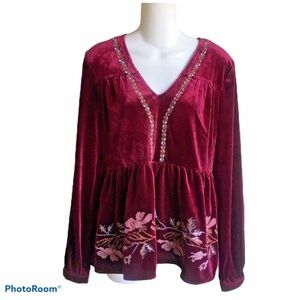 Love Riche Boho Wine Burgundy Velvet High Waist Top Embroider NWT Ladies Medium